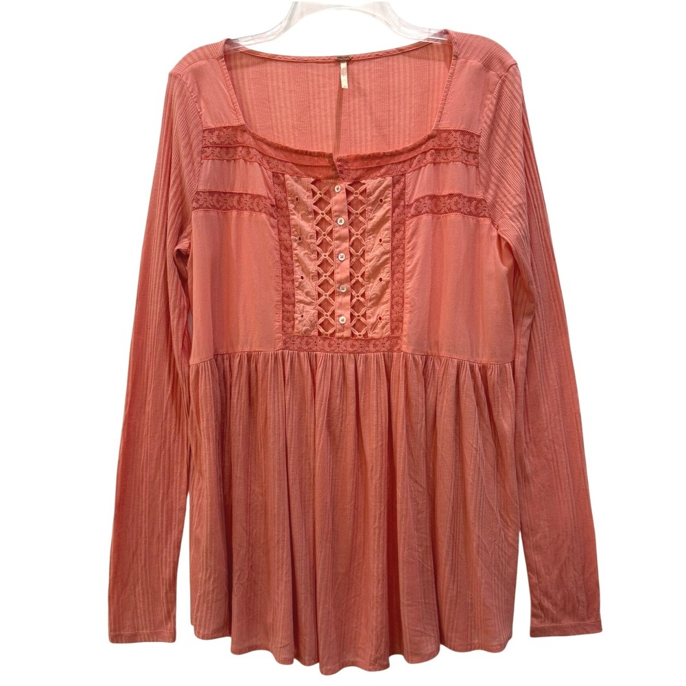 Free‎ People Coral Pink Ribbed Lace Eyelet Babydoll Long Sleeve Top Large